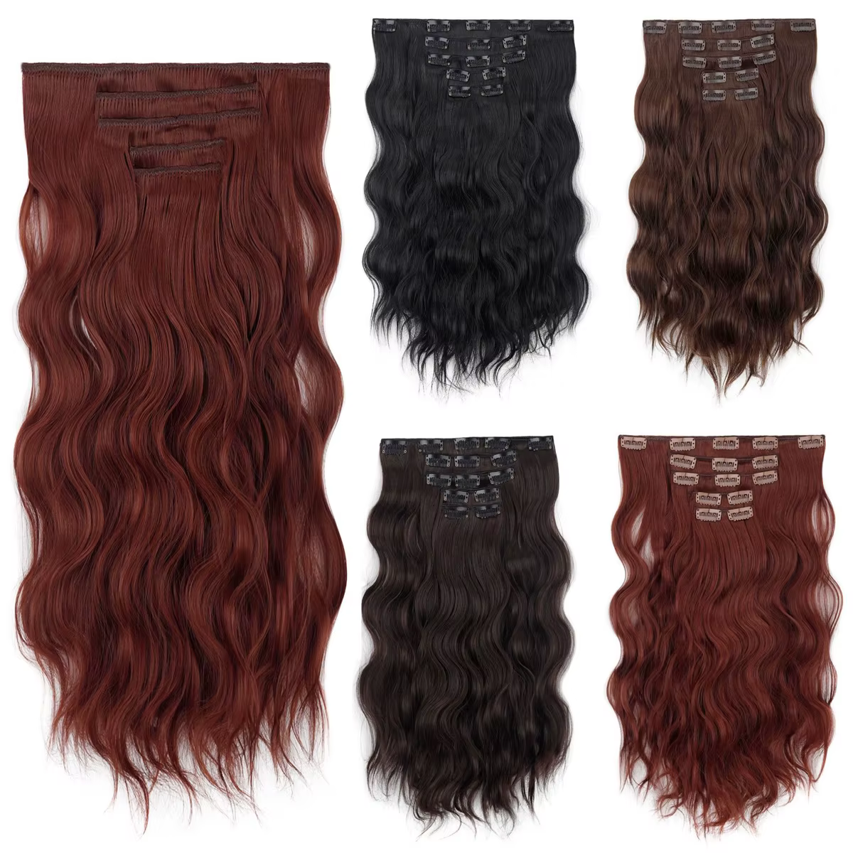 Extension capillaire synthétique longue bouclée noire résistante à la chaleur, 20 pouces, 5 pièces/ensemble, postiche pour femmes 