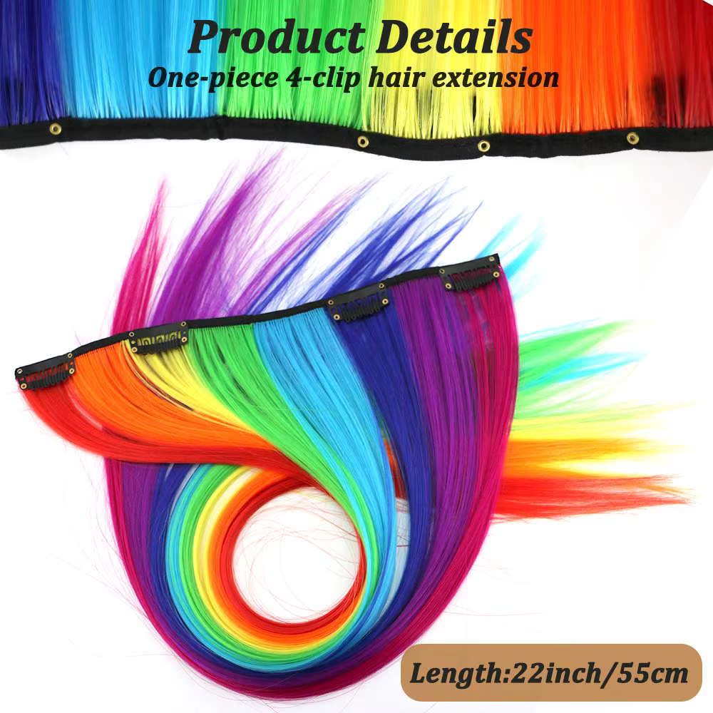 Extensions capillaires synthétiques longues à clips arc-en-ciel de 22 pouces