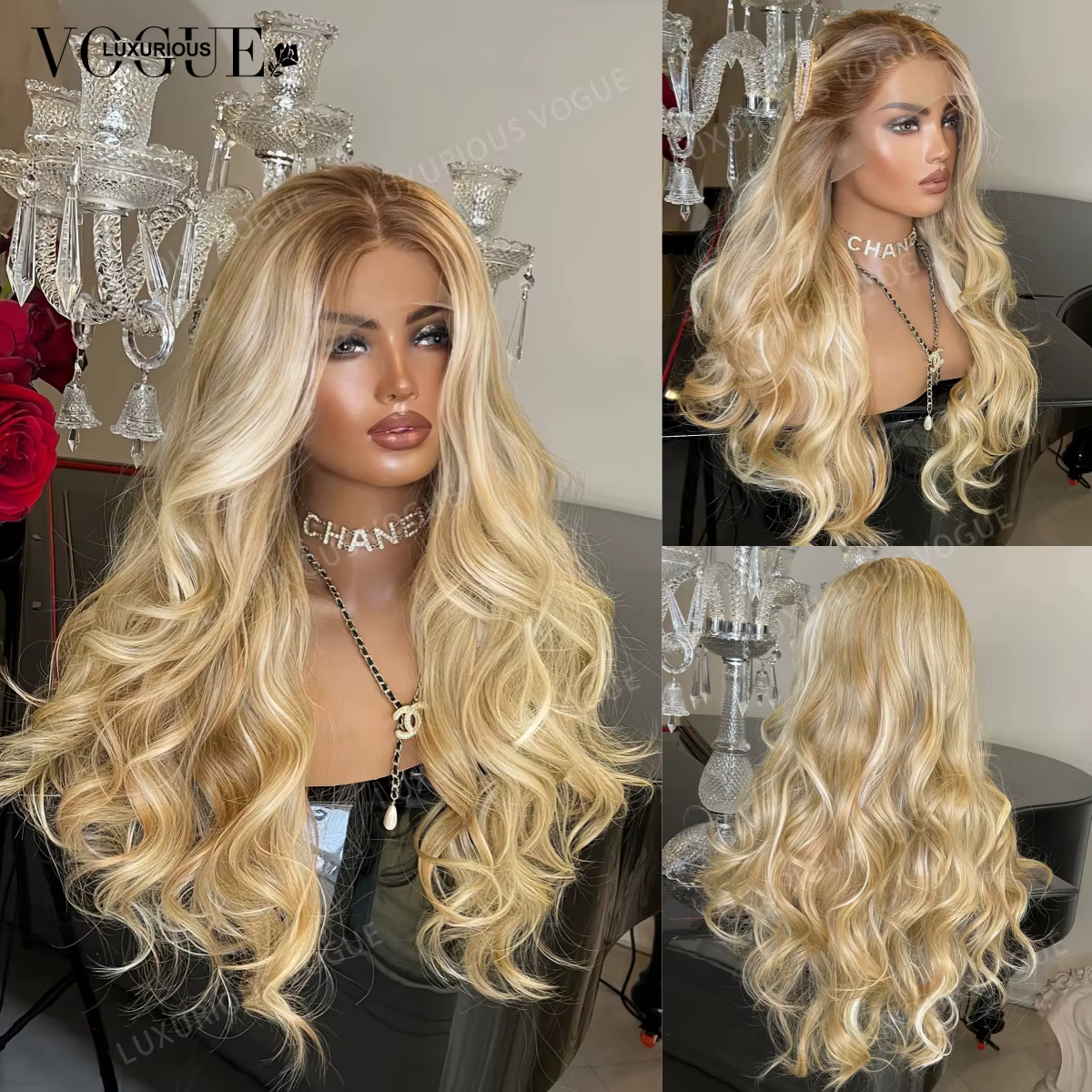 LUX VOGUE Misty Moon doré 100% perruque de cheveux humains blond cendré vagues plage flexibilité de séparation ligne