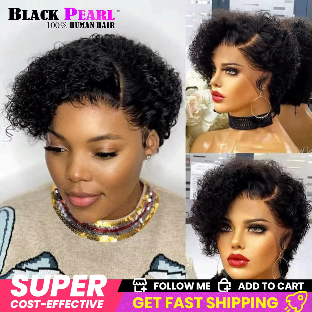 Perruque courte bob coupe pixie, perruques bouclées en cheveux humains pour femmes, perruques frontales en dentelle 13x1, perruque en dentelle ondulée profonde péruvienne avec ligne de cheveux pré-épi
