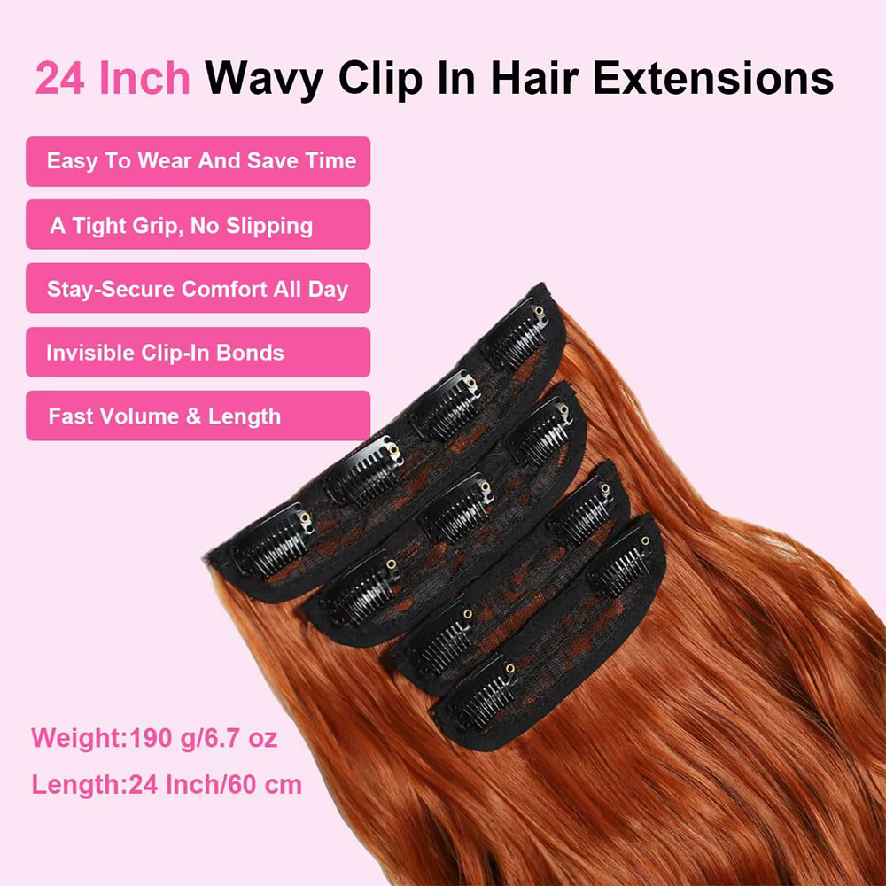 Extensions de cheveux synthétiques ondulées longues rouges cuivrées à clipser