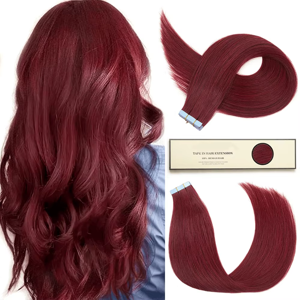 Extensions de cheveux humains lisses bordeaux 99J à bandes adhésives 50G - 100%