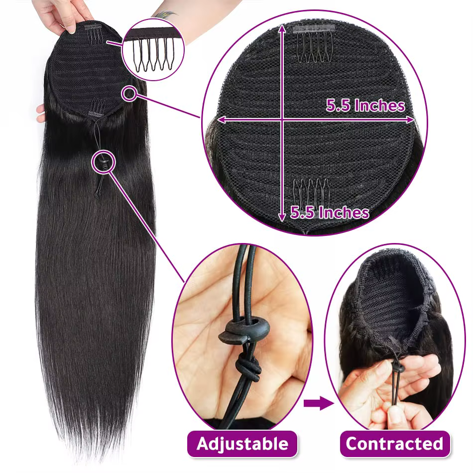 Queue de cheval Extensions de cheveux humains avec pince 10 "-26" 100 grammes couleur naturelle droite