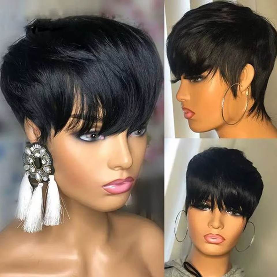 Perruque Bob Pixie Péruvienne avec Frange pour Femme, Cheveux Naturels Lisses, Courts, Sans Colle, Colorés Bordeaux Rouge Blond
