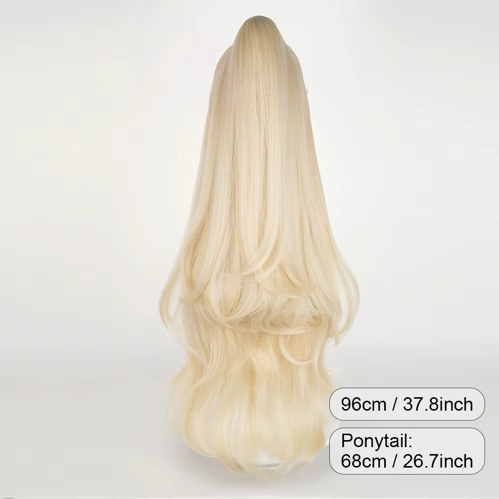 Perruques synthétiques longues ondulées blondes, partie centrale avec Clip queue de cheval, perruque moelleuse de Cosplay de jeu animé pour fête quotidienne