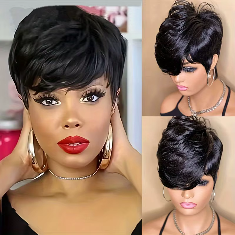 Perruques courtes Bob coupe lutin droite couleur naturelle Bob perruque avec frange brésilienne vierge Remy