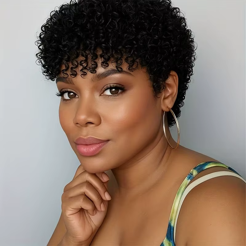 Perruque de cheveux humains Afro crépus bouclés avec frange 4 pouces brésilien Remy coupe lutin eau bouclée pleine