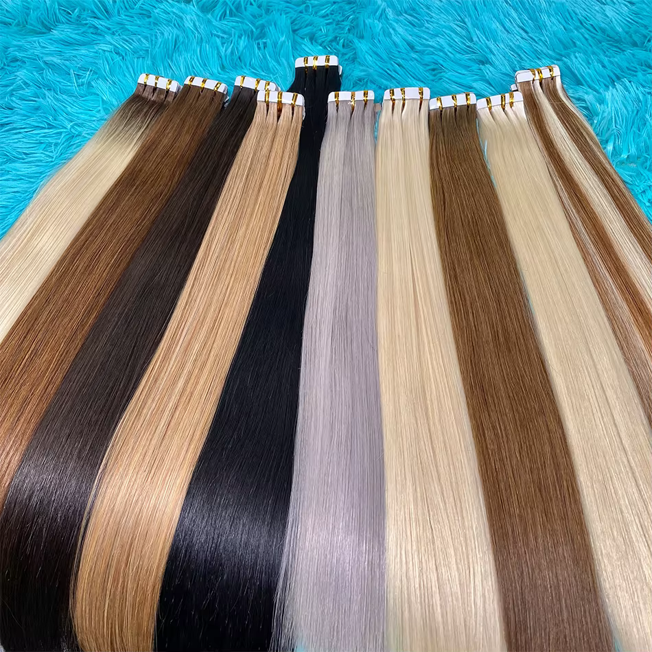 Extensions de cheveux blondes à bandes adhésives invisibles en cheveux humains, trame de peau en PU, 20 pièces, longueur 18-30 pouces, installation facile
