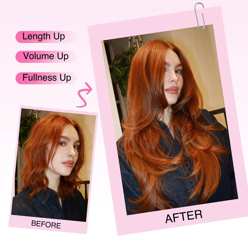 Extensions de cheveux synthétiques ondulées longues rouges cuivrées à clipser