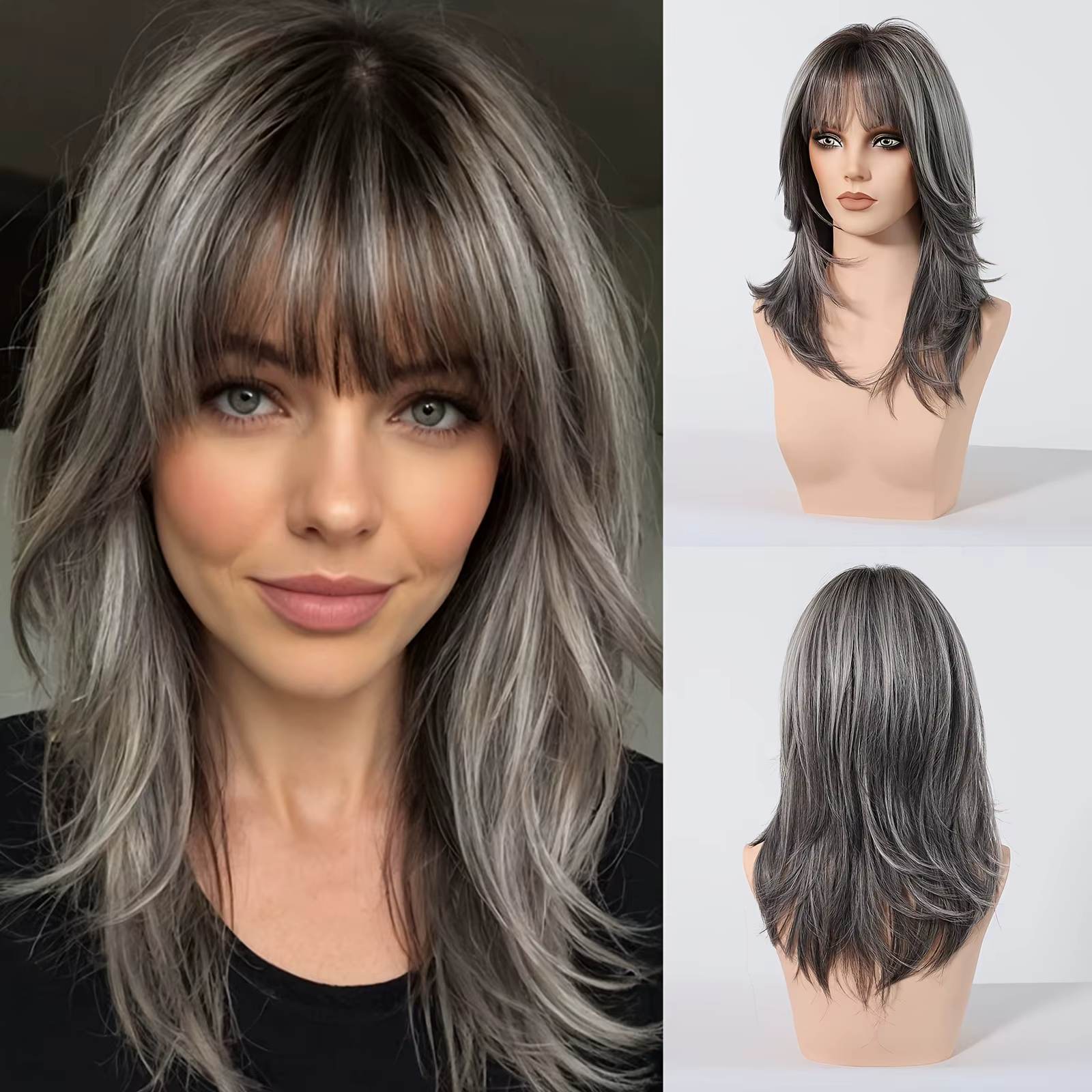 Perruque synthétique tendance avec cheveux ondulés mi-longs dans un style longueur menton