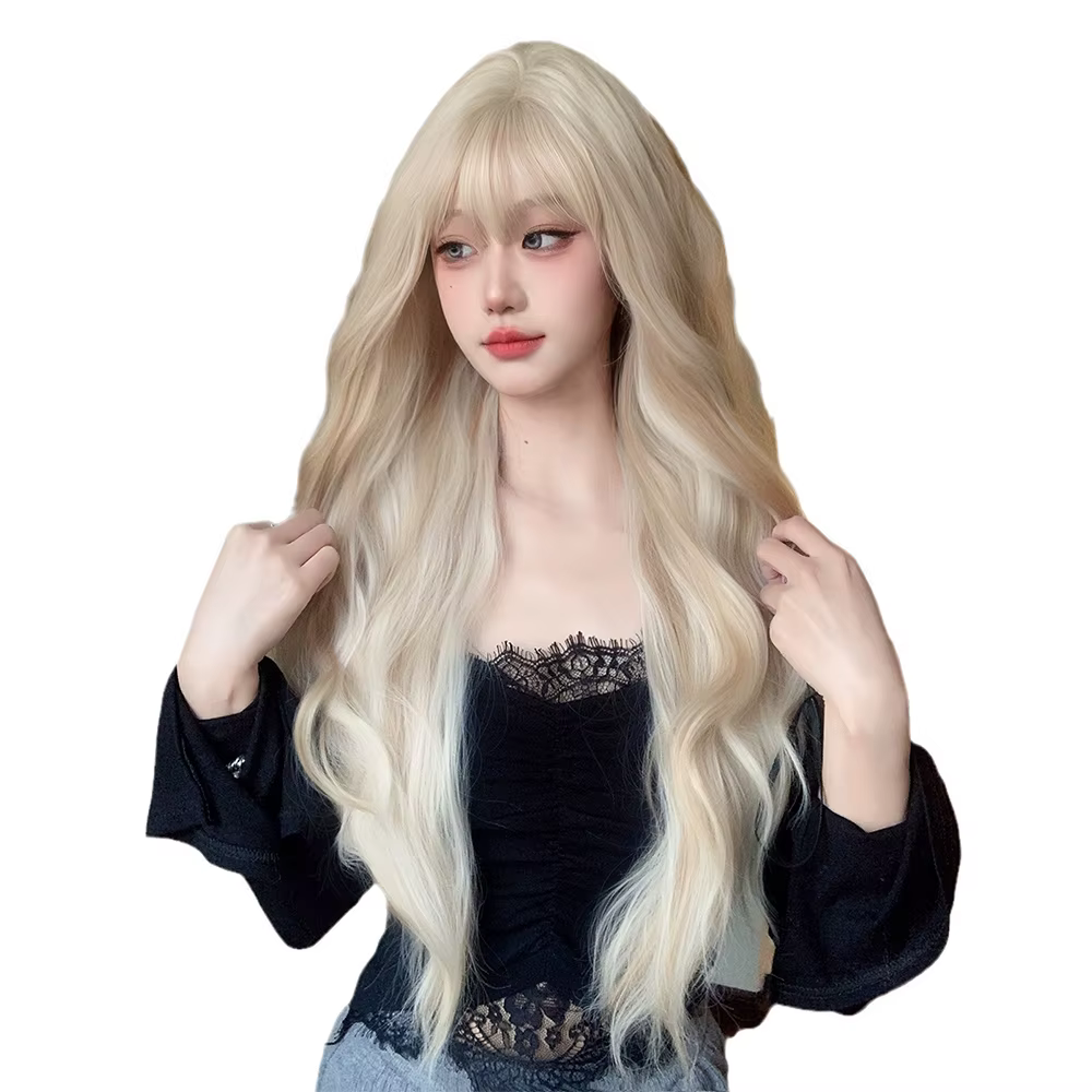 Perruque blonde ondulée naturelle avec frange, longue et bouclée, pour femmes, usage quotidien, fête, cosplay, perruque synthétique résistante à la chaleur