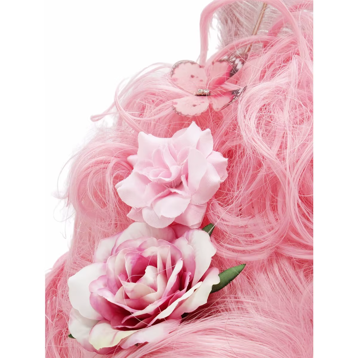 Perruque synthétique rose moelleuse de haute qualité | Coiffure de la reine avec des fleurs de plumes