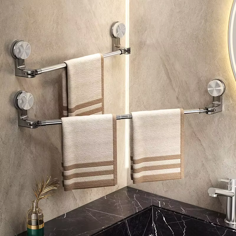 Barre à serviettes télescopique à ventouse, support d'angle rotatif à ventouse, étagère de salle de bain sans perçage