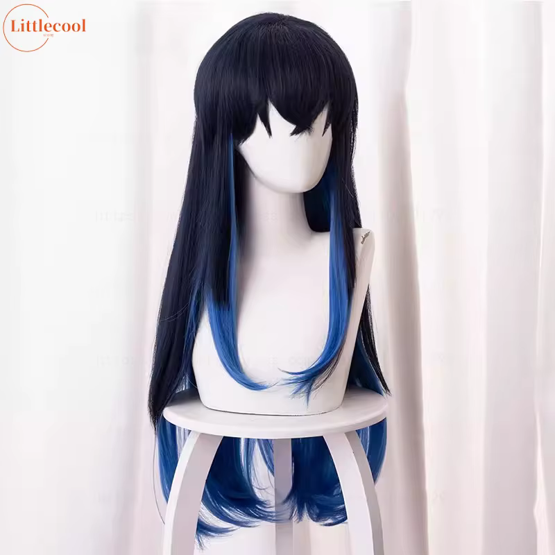 Perruque de Cosplay Hashibira Inosuke de haute qualité 70 cm longue ligne droite Ombre bleu résistant à la chaleur cheveux synthétiques Coser Anime perruques + bonnet de perruque