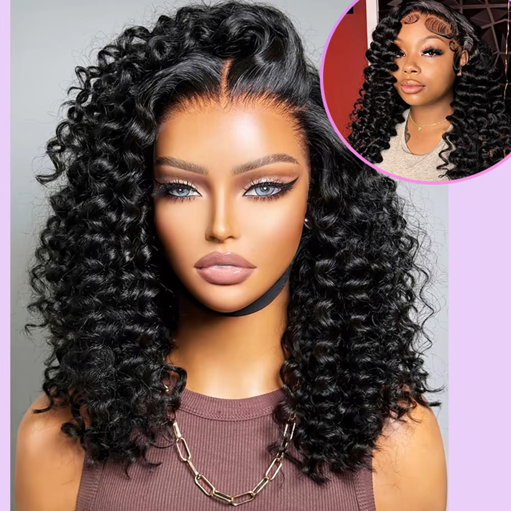Perruque bouclée profonde sans colle 13X4 facile à porter pour femmes-cheveux humains brésiliens vierges de densité 250%