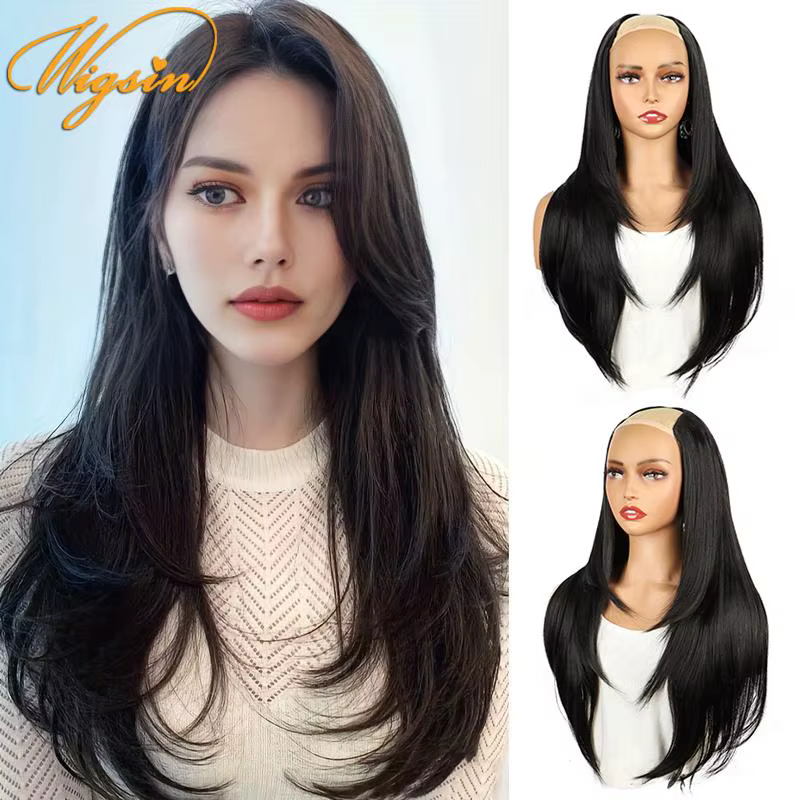 WIGSIN synthétique 55 cm en forme de V couches 4 Clips Extension de cheveux longs raides naturel Invisible postiche perruque pour les femmes