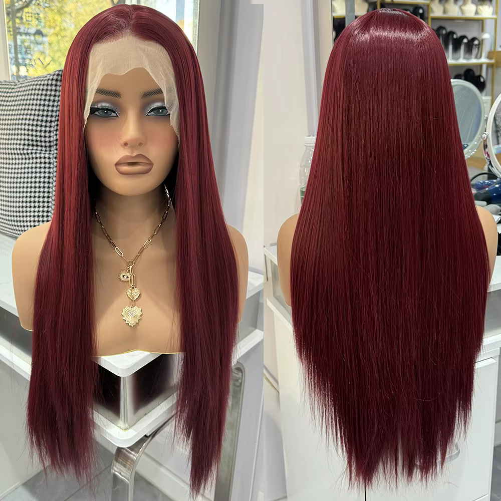 Perruque Synthétique Lisse Rouge Vin pour Femme
