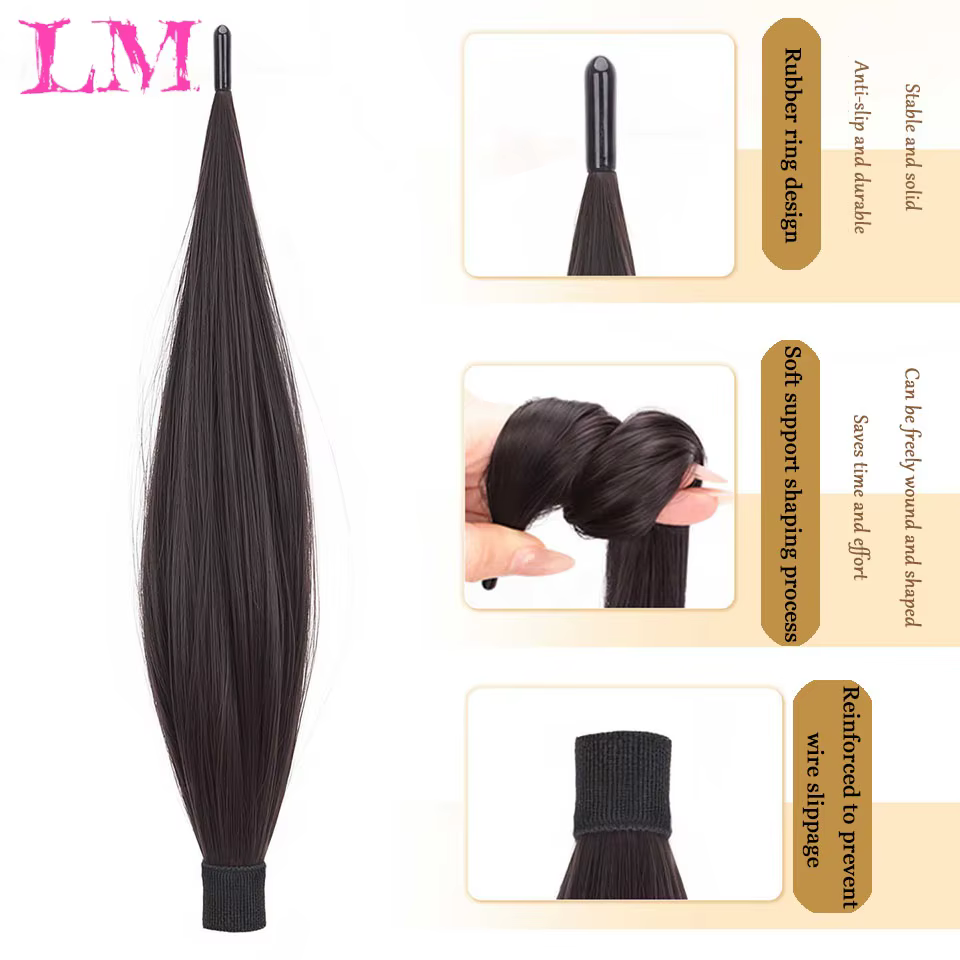 Extensions de cheveux synthétiques longues et lisses à enroulement automatique avec anneau en caoutchouc