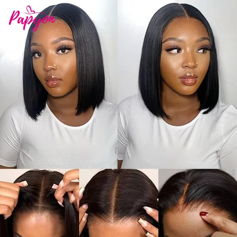 Perruques courtes bob lisses sans colle