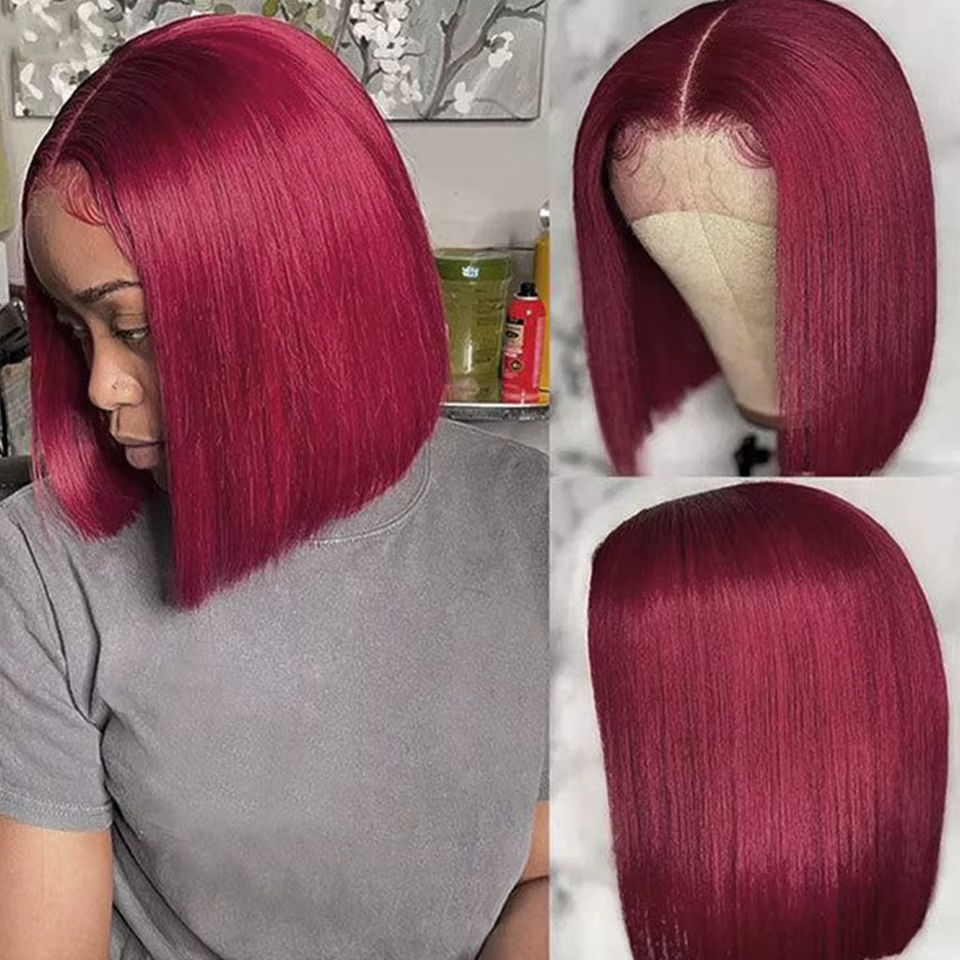 Perruque courte bob transparente HD bordeaux 99J en cheveux humains, avec mèches lisses brésiliennes, perruque frontale en dentelle 13x6x2 pré-épilée pour femmes