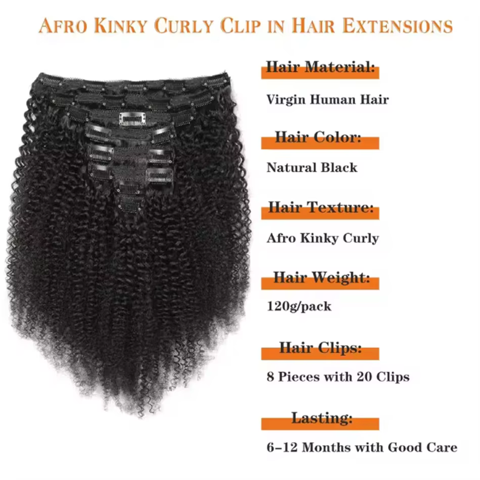 Extensions de cheveux humains vierges 4C à clipser