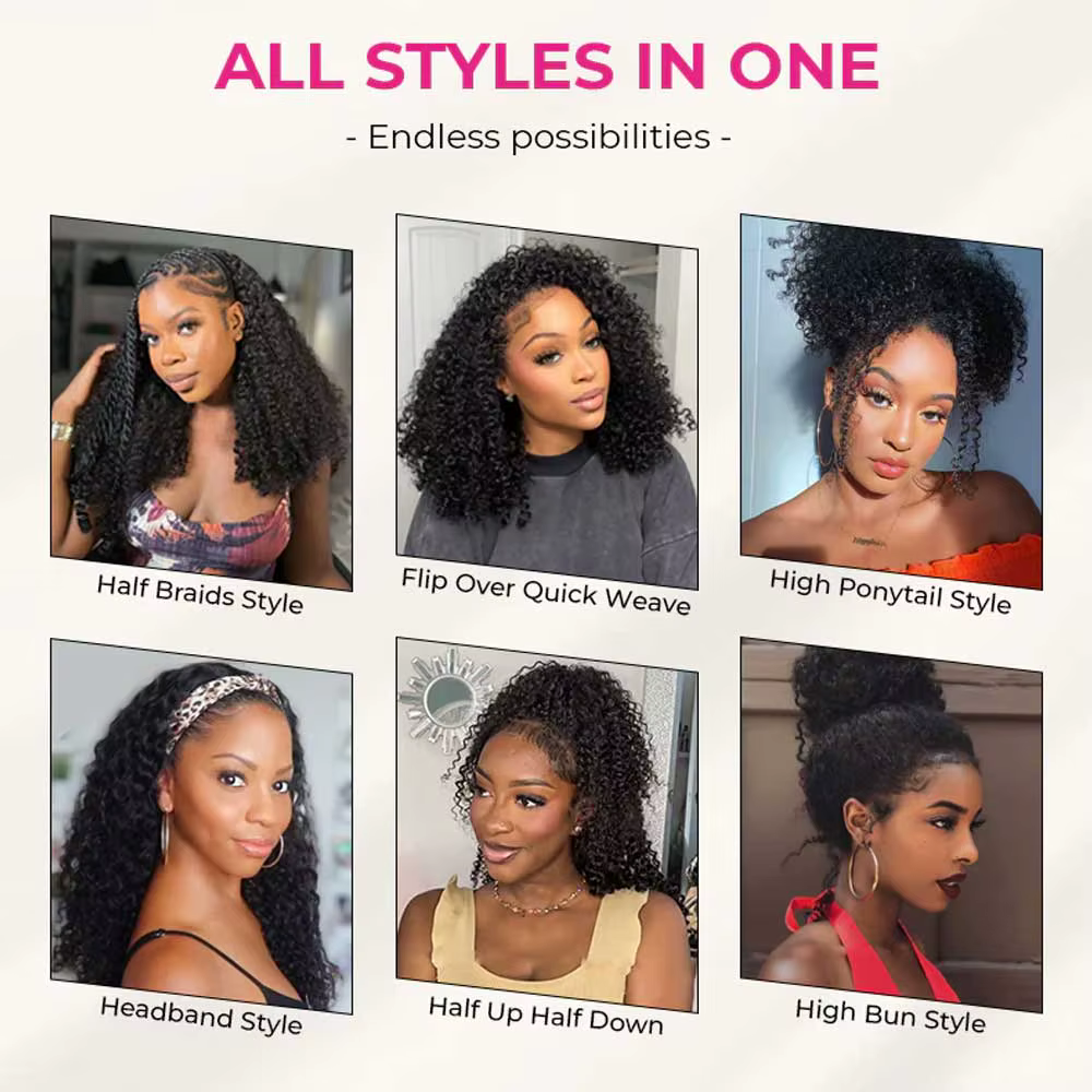 Demi-perruque en cheveux naturels InvisiFit Strap Blonde Highlight Kinky Curly 3-en-1 à cordon de serrage