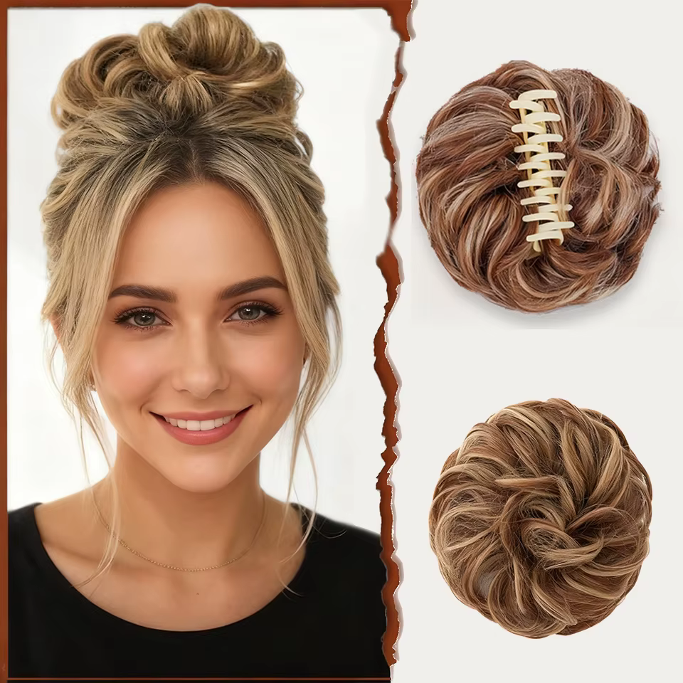 Extension de cheveux chignon à pince à griffes pour femmes – Boucles ondulées synthétiques avec accents de strass