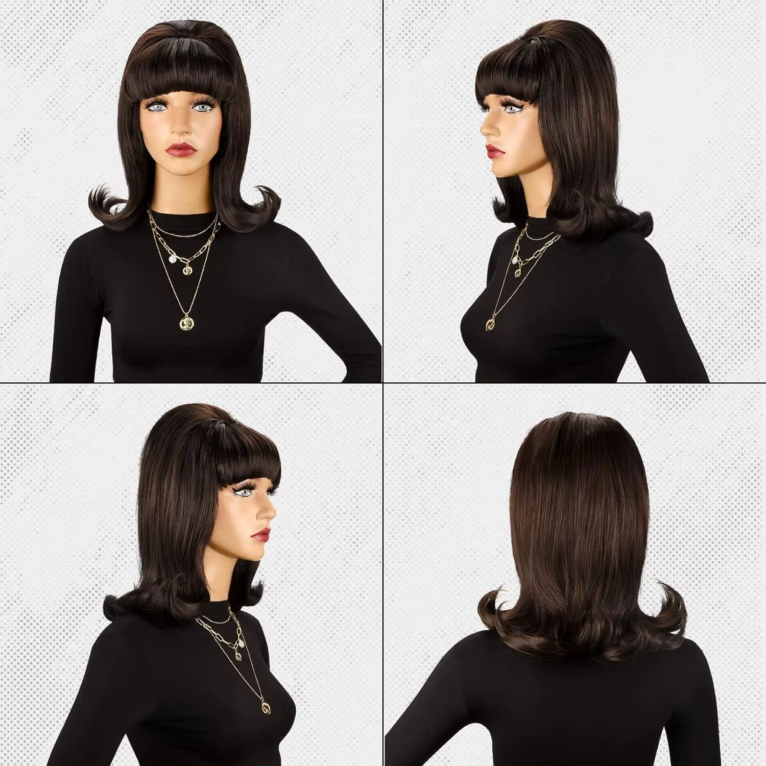 Perruque marron rétro 50S 60S 70S pour dames avec frange