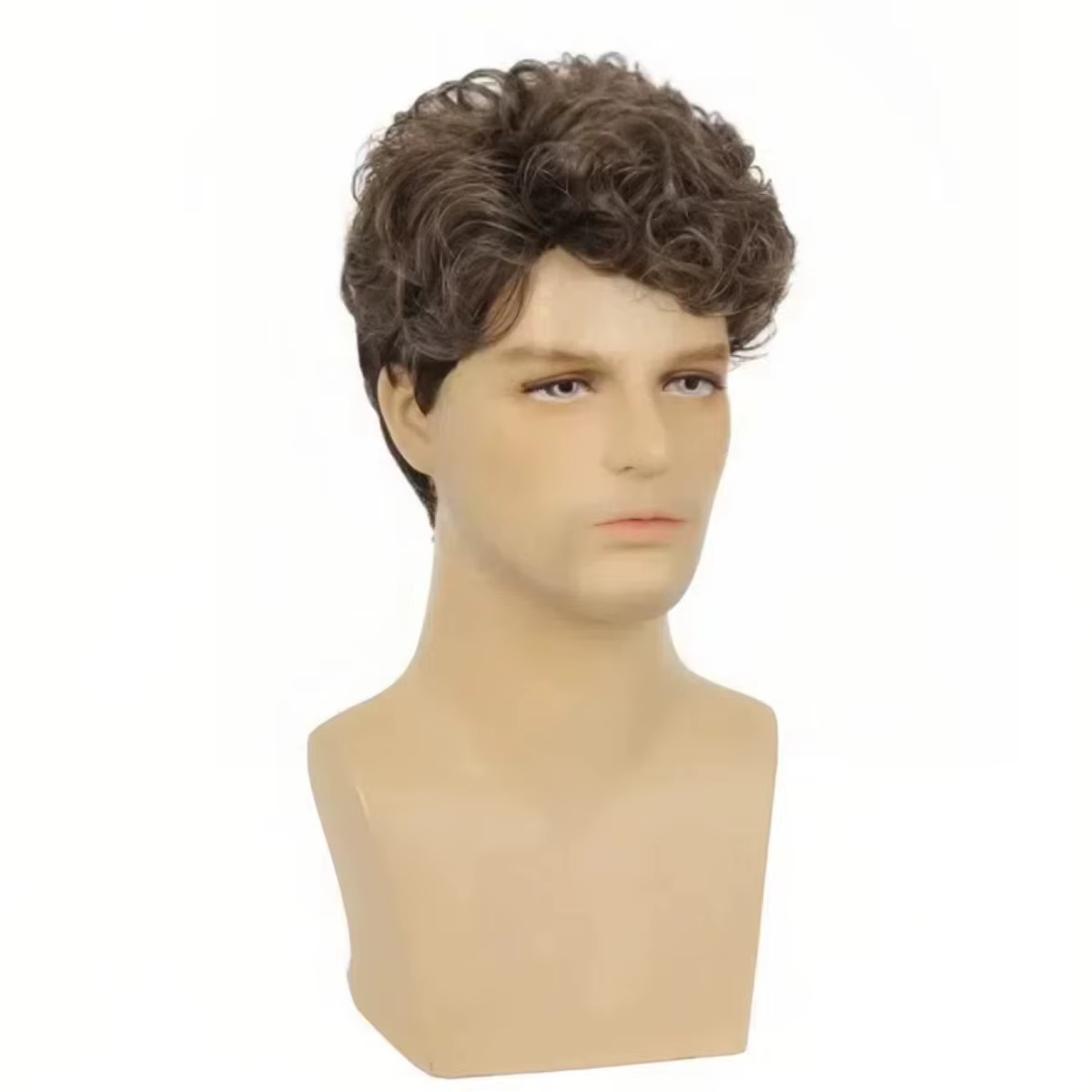 Perruque Courte Bouclée Synthétique Marron pour Hommes