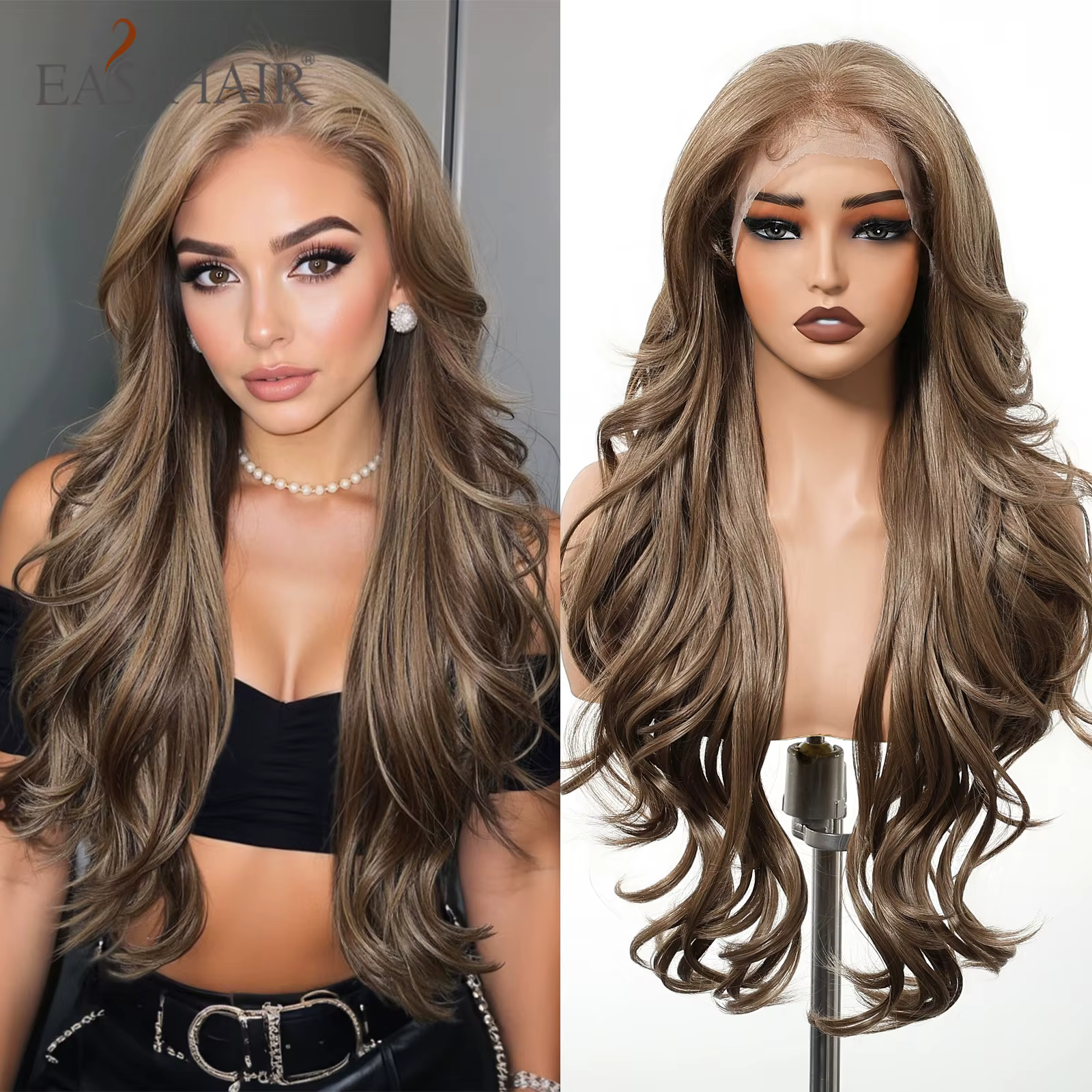 EASIHAIR perruques synthétiques brunes bouclées longues ondulées pour femmes 13*4