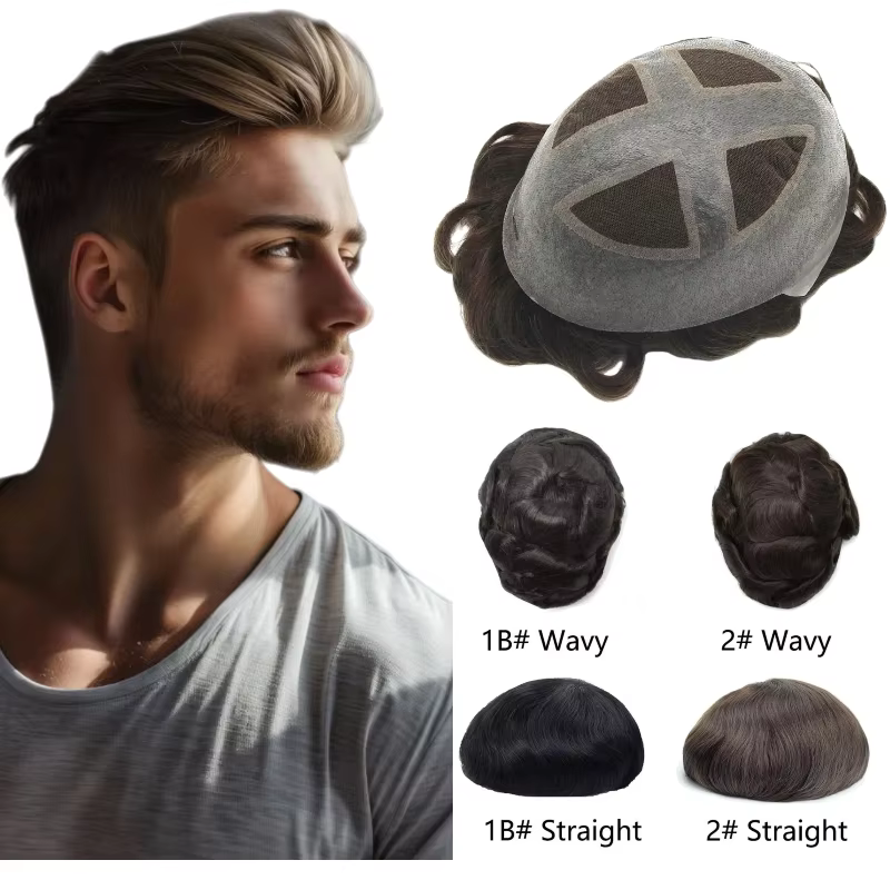 Toupet pour hommes croisé sur PU | Base de peau et dentelle + cadre en PU cheveux humains