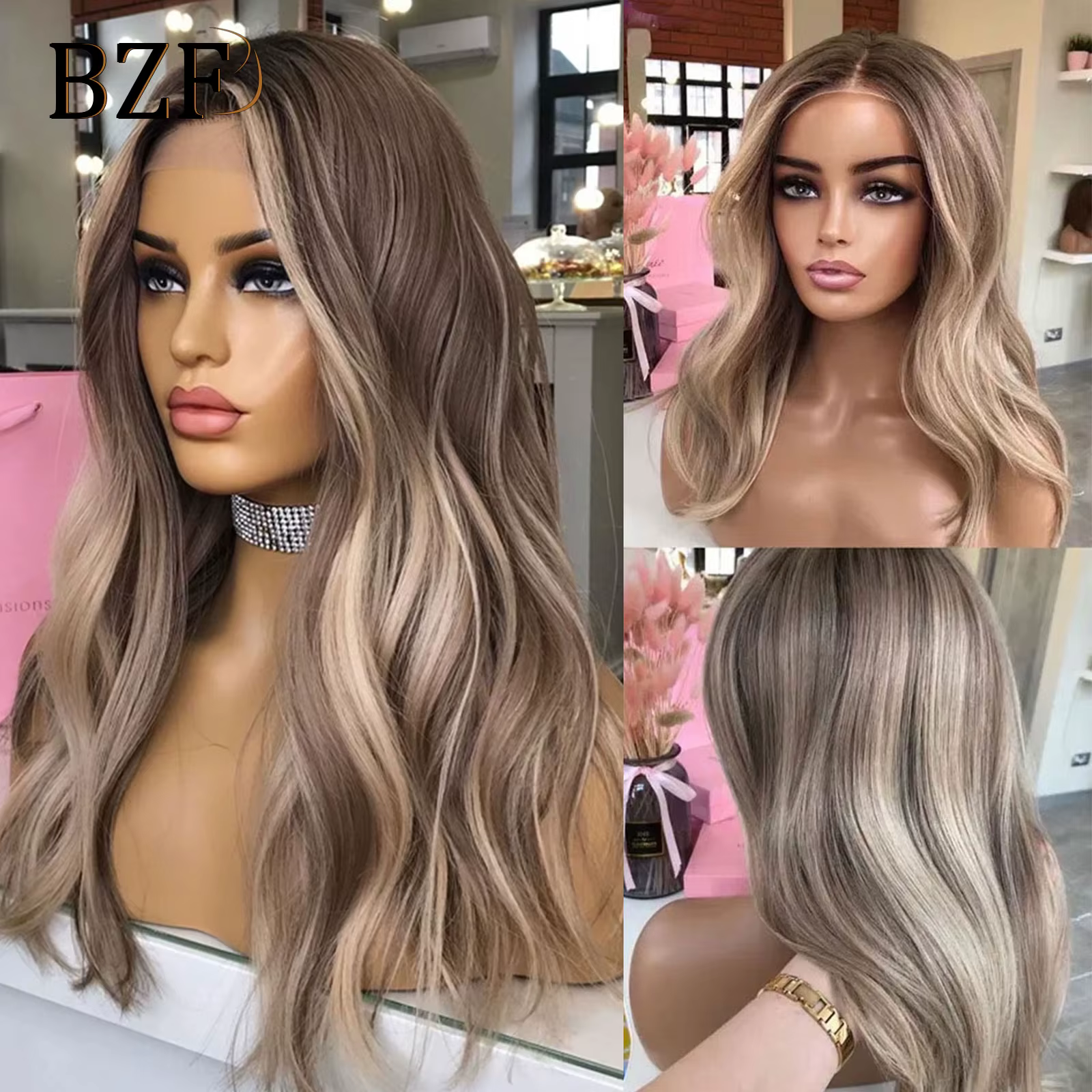 Perruque Lace Front Synthétique à Reflets Bruns Ondulés pour Femme