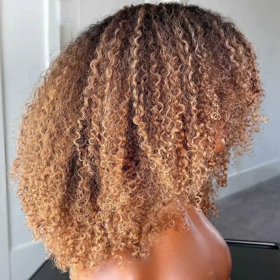 Blonde Afro crépus bouclés Bob perruque cheveux humains fait à la Machine sans colle