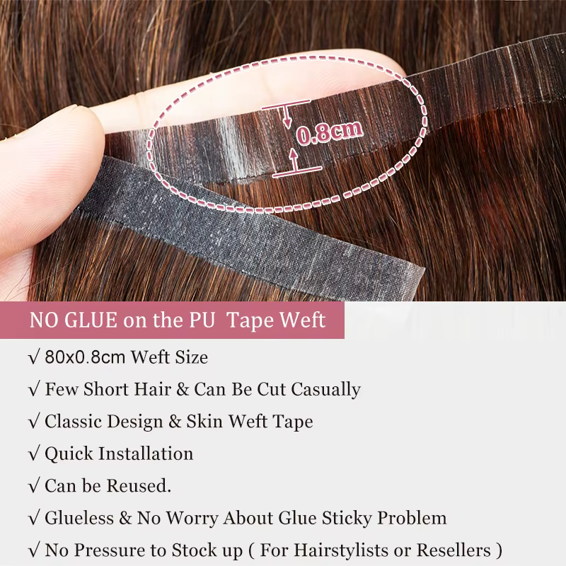 Trame de bande naturelle sans couture, longue bande de trame de peau en PU dans les Extensions humaines, sans colle, cheveux fins, faisceaux de trame longs de 80cm