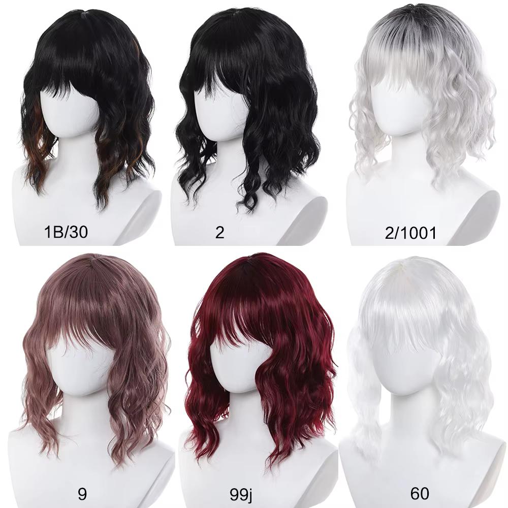 Perruque courte bouclée noire naturelle pour femmes - Bob ondulé longueur épaule avec frange | Cheveux synthétiques