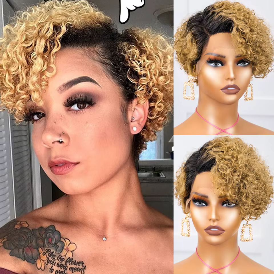 Perruque courte bob coupe pixie, perruques bouclées en cheveux humains pour femmes, perruques frontales en dentelle 13x1, perruque en dentelle ondulée profonde péruvienne avec ligne de cheveux pré-épi