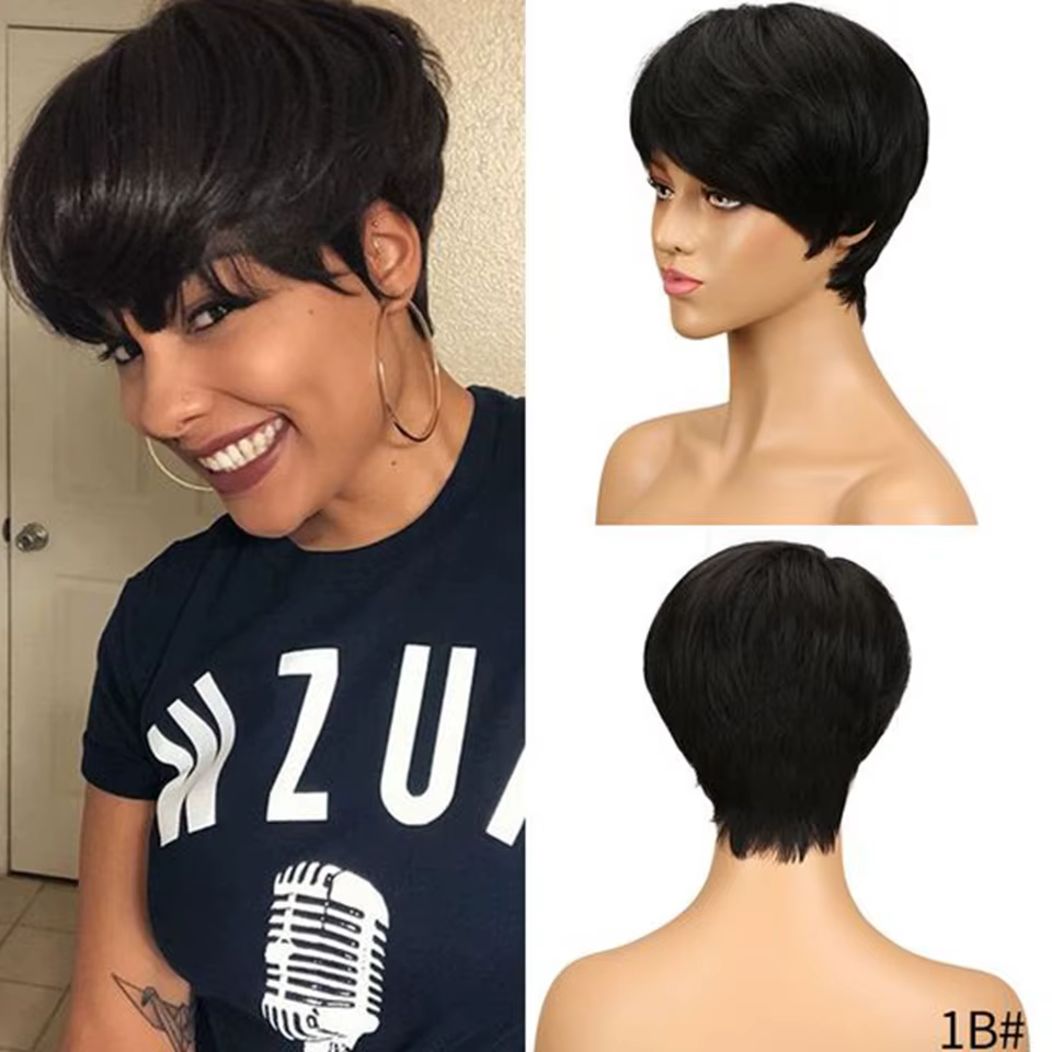Perruque Bob Pixie Péruvienne avec Frange pour Femme, Cheveux Naturels Lisses, Courts, Sans Colle, Colorés Bordeaux Rouge Blond