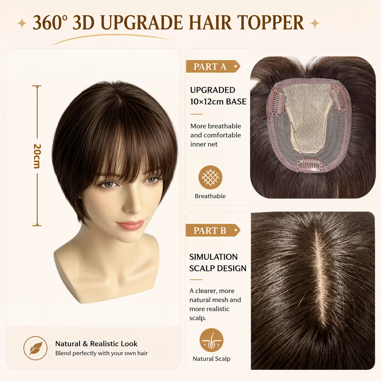 Extensions capillaires naturelles brésiliennes en T-part avec frange 3D à clipser pour femmes, couvrant la perte de cheveux, en cheveux humains