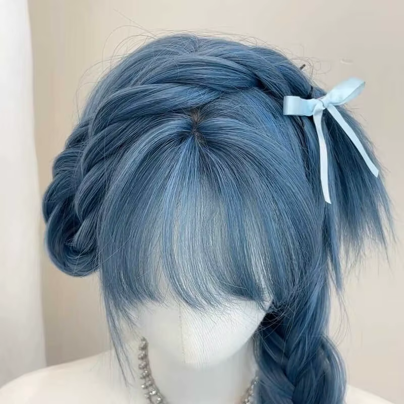 Perruque longue et droite bleu-gris pour femme