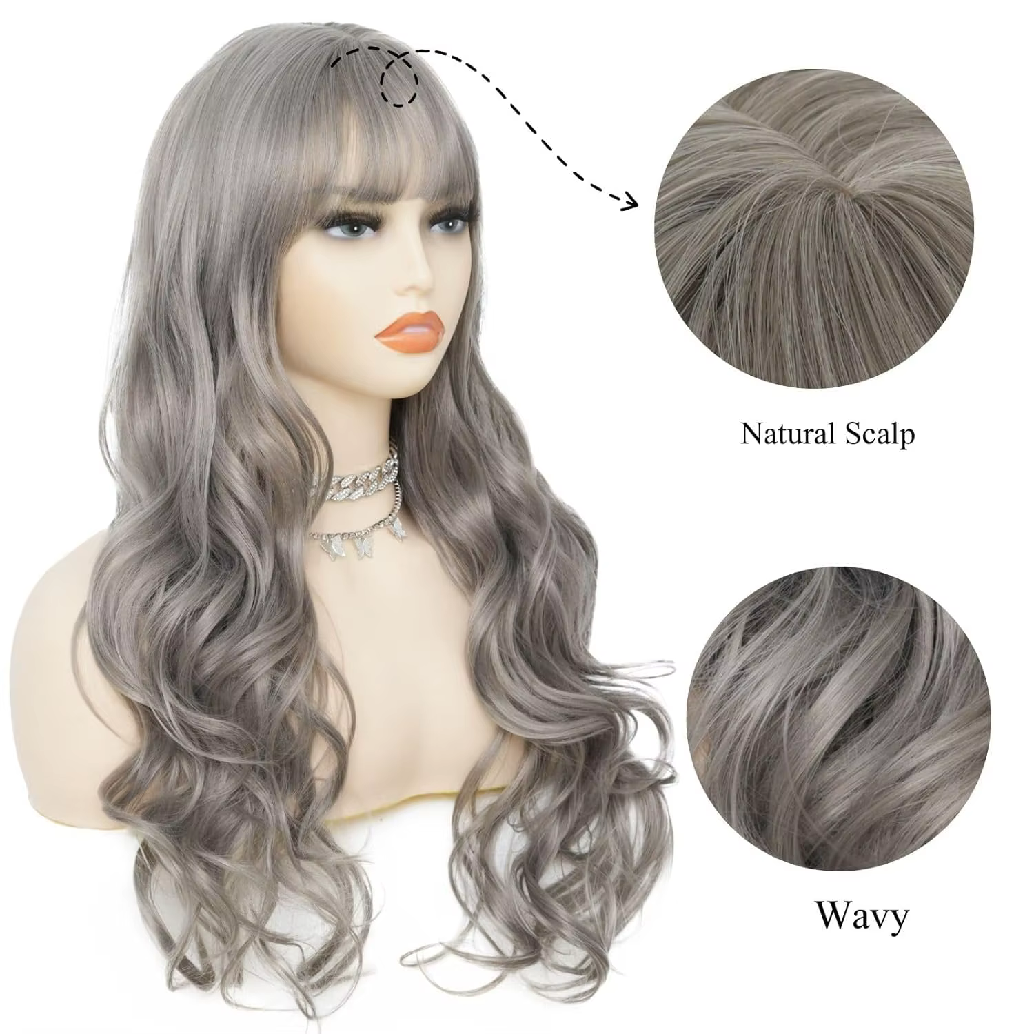 Perruque synthétique Grandma Grey de 26 pouces avec grandes vagues pour cosplay d'Halloween