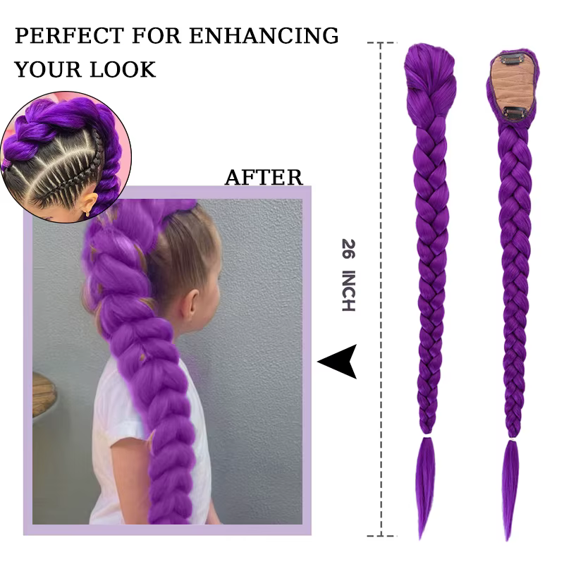 Perruque d'extension de queue de cheval de cheveux violets pour enfants postiche