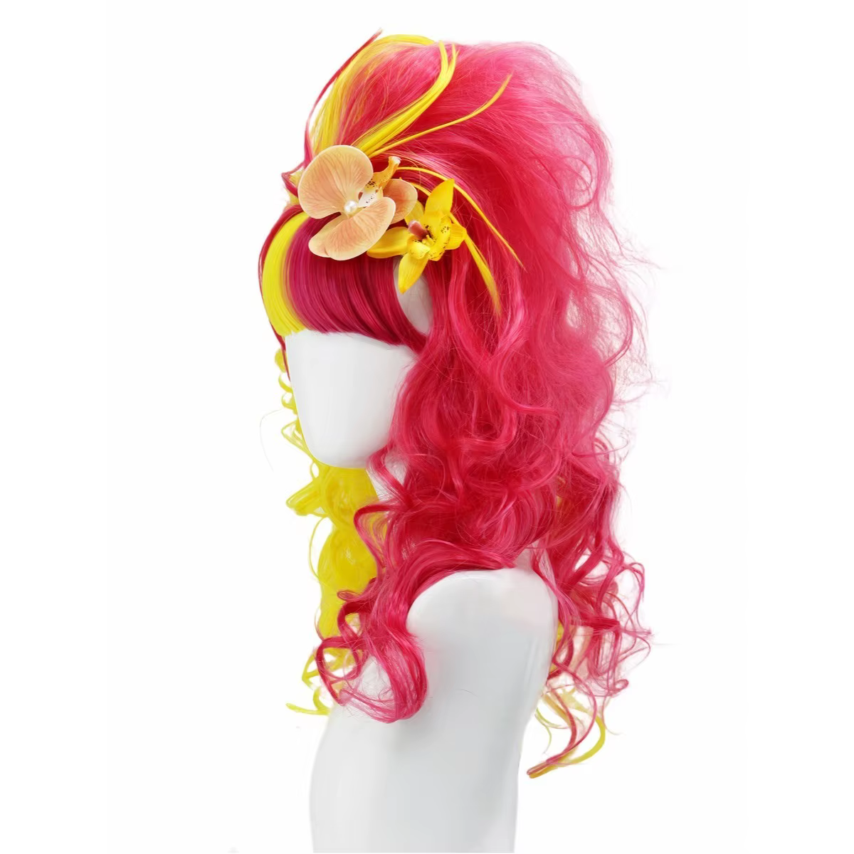 Perruque synthétique longue bouclée dégradée jaune rose double ton avec postiche florale