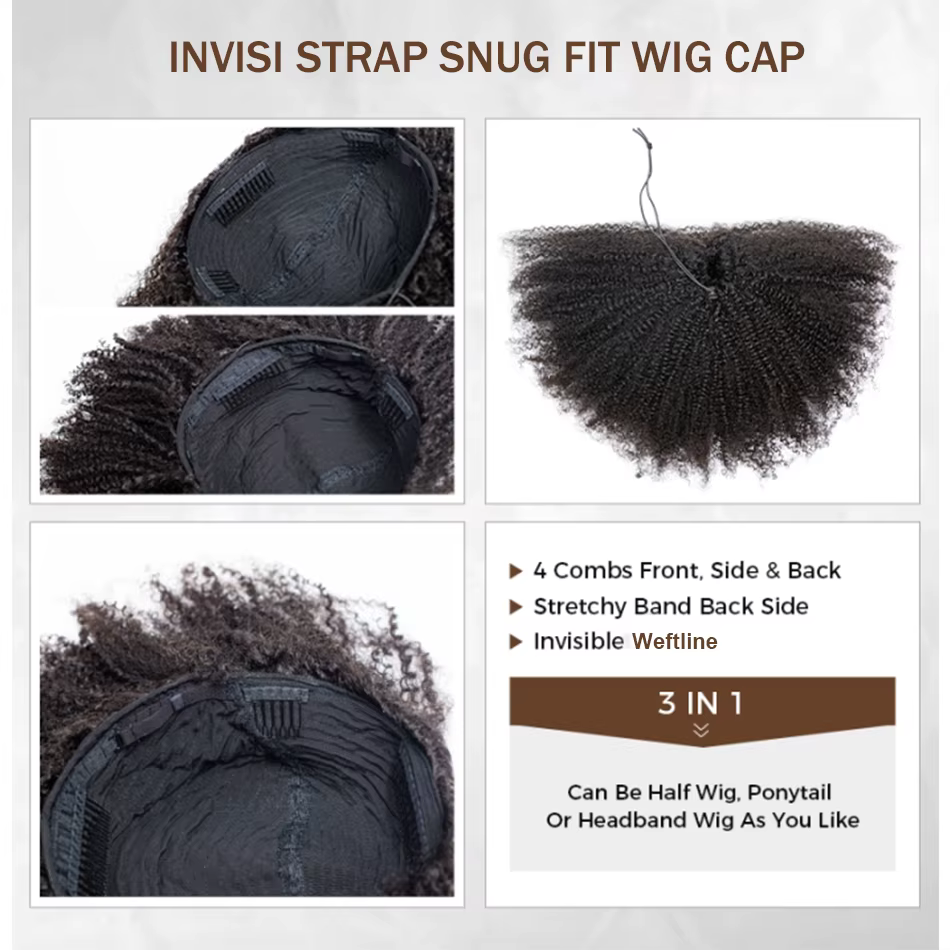 Tuneful court naturel crépus bouclés 3 en 1 demi-perruques cheveux humains pour les femmes (peut être porté en demi-perruque/perruque bandeau/queue de cheval)