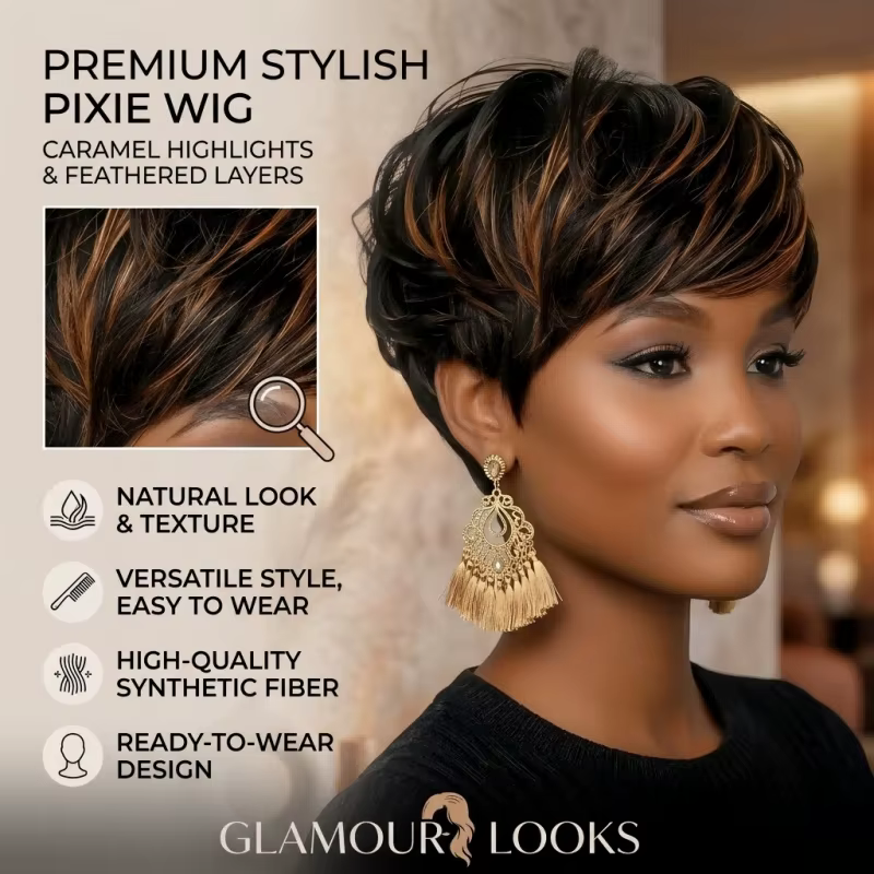 Perruque courte ondulée naturelle noire-brun style pixie avec frange