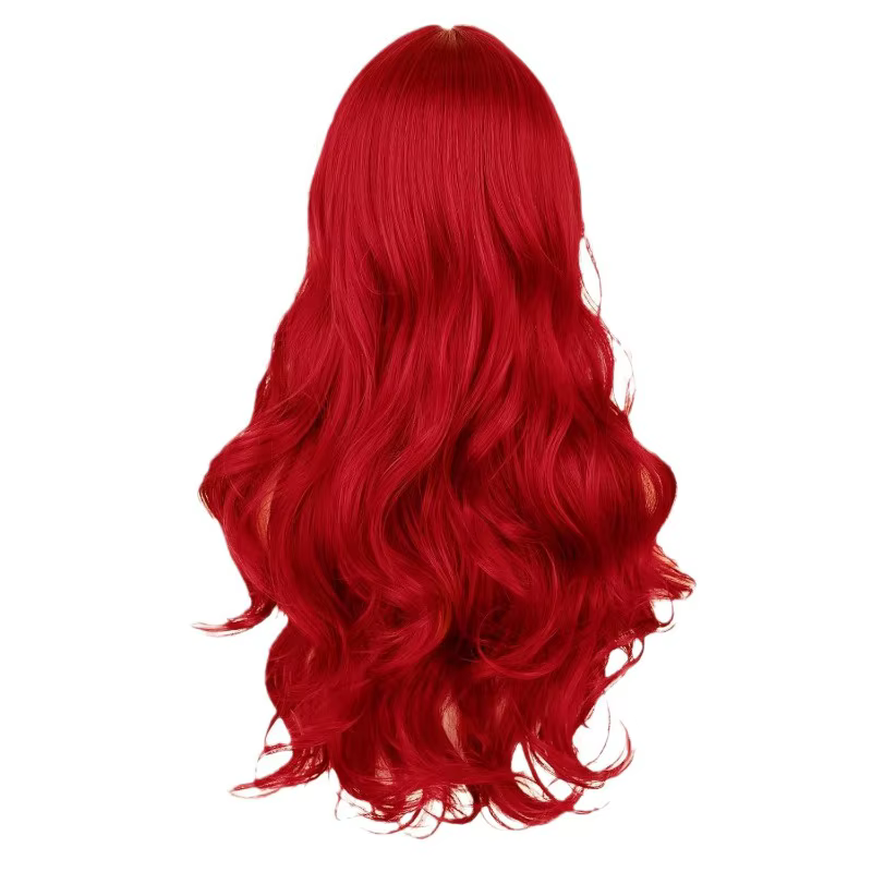Perruque synthétique ondulée longue bouclée rouge résistante à la chaleur avec frange pour femmes