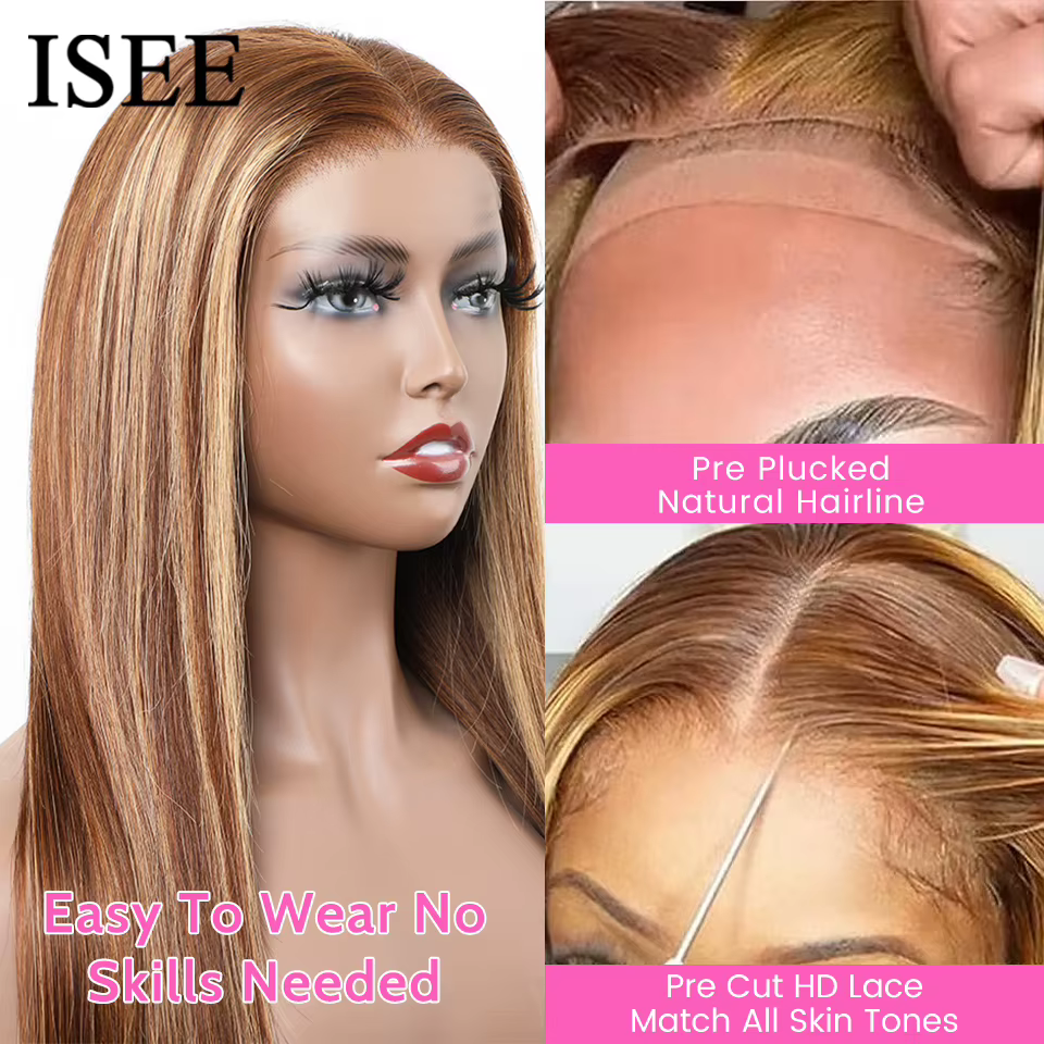 Wear And Go cheveux humains sans colle ISEE perruque brésilienne droite à reflets 6x4 HD dentelle sans