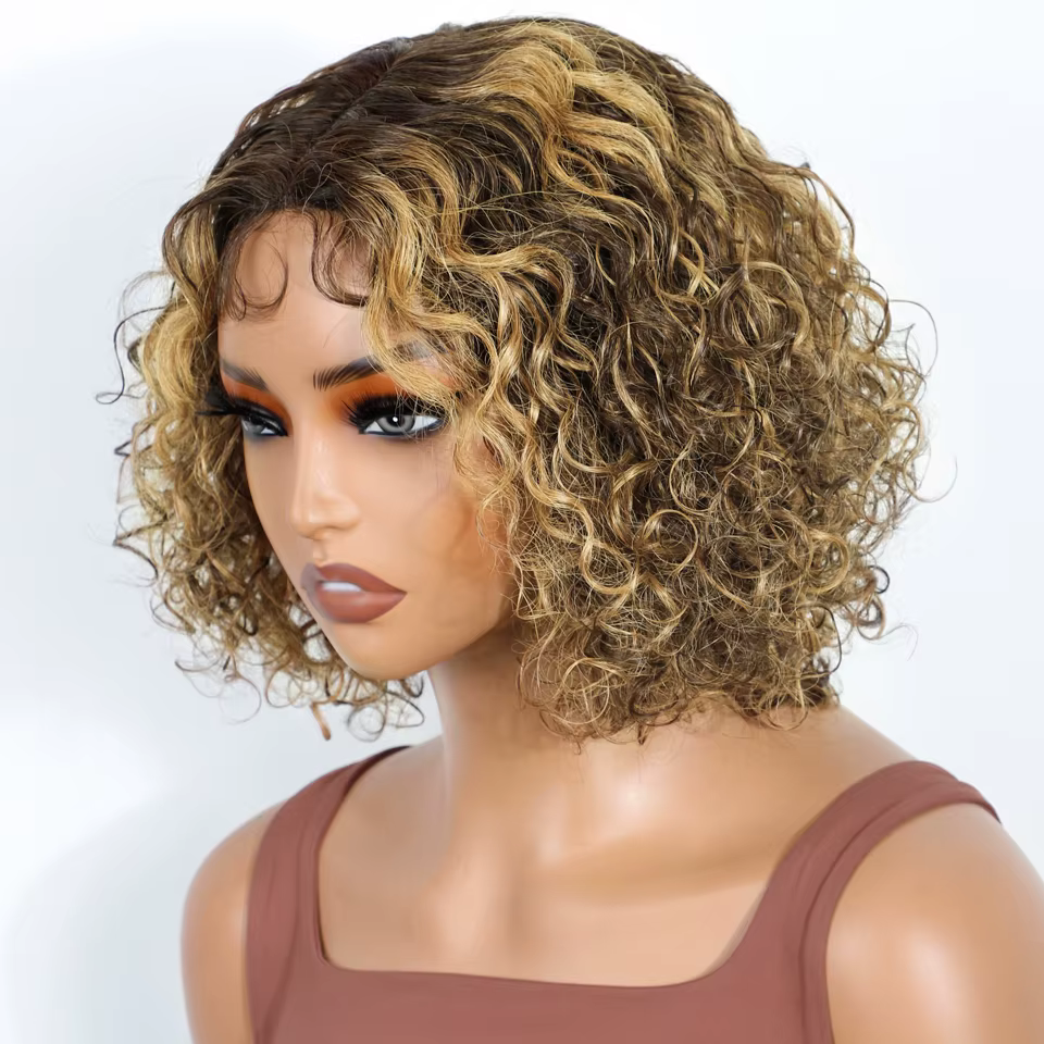 Lekker sans colle Blonde mettre en évidence court bouclés Bob partie centrale dentelle 100% perruques de cheveux