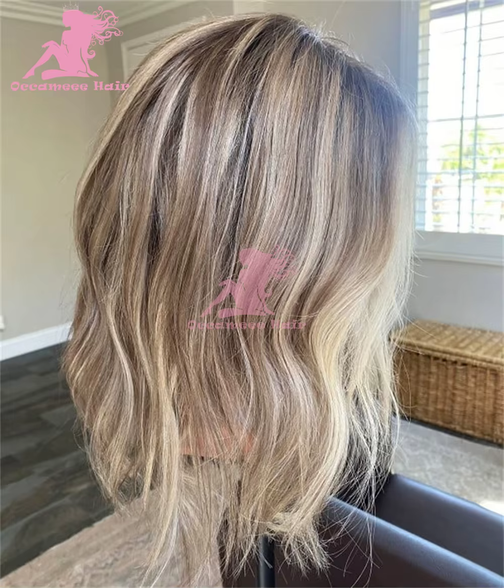 Perruque frontale en dentelle de cheveux humains Ombre Blonde met en évidence la vague naturelle avec des racines