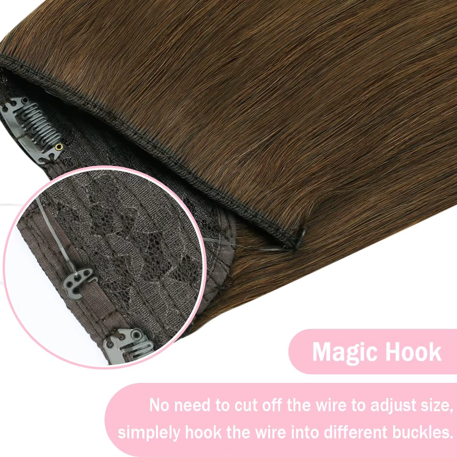 Extensions de cheveux 100% naturels, type fil de pêche, avec bande ajustable et clips discrets, extensions Remy pour femmes, couleur brun chocolat