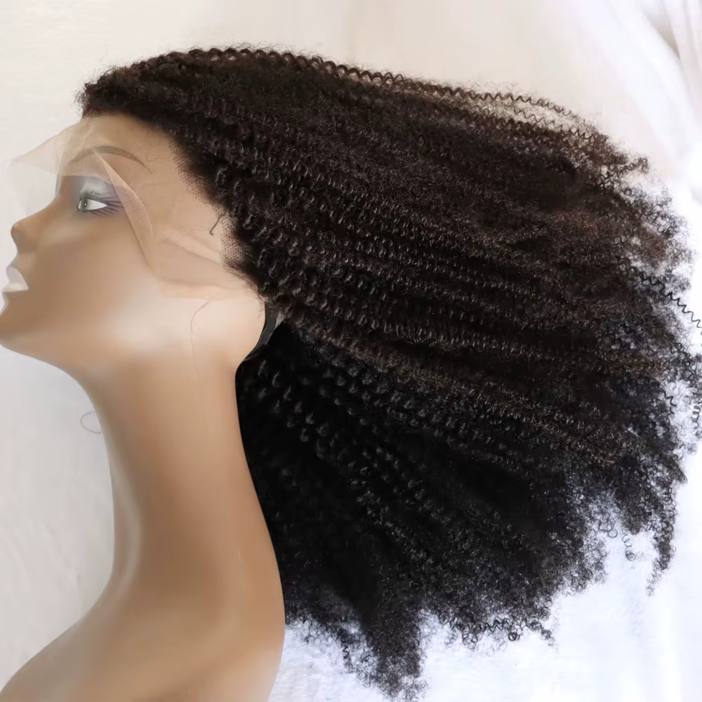 4C Afro crépus bouclés vierge Remy cheveux humains dentelle frontale fermeture perruque # 1 perruques de style noir de